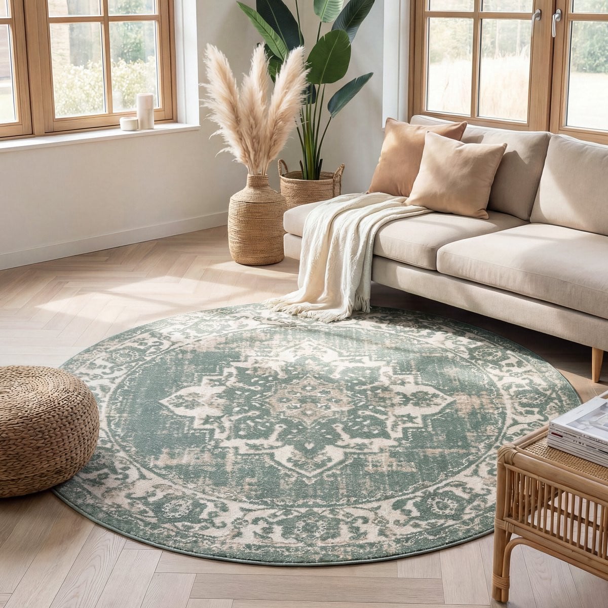 Fraai Rond Vintage Vloerkleed Spring Medaillon Groen/Creme Ø 100cm