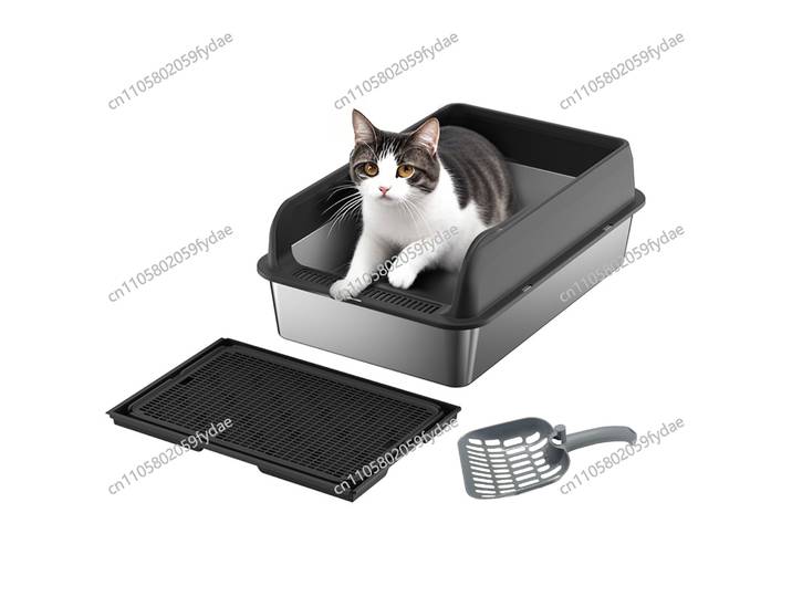 Bac à litière pour chat en acier inoxydable, bac à litière à côtés hauts pour grands chats, tapis à litière double couche et pelle inclus