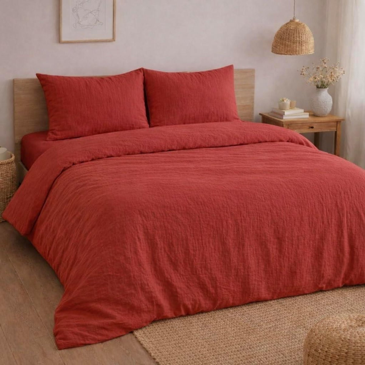 Rood Katoenen Dekbedovertrek - Beddengoed Set - 240 x 260 cm