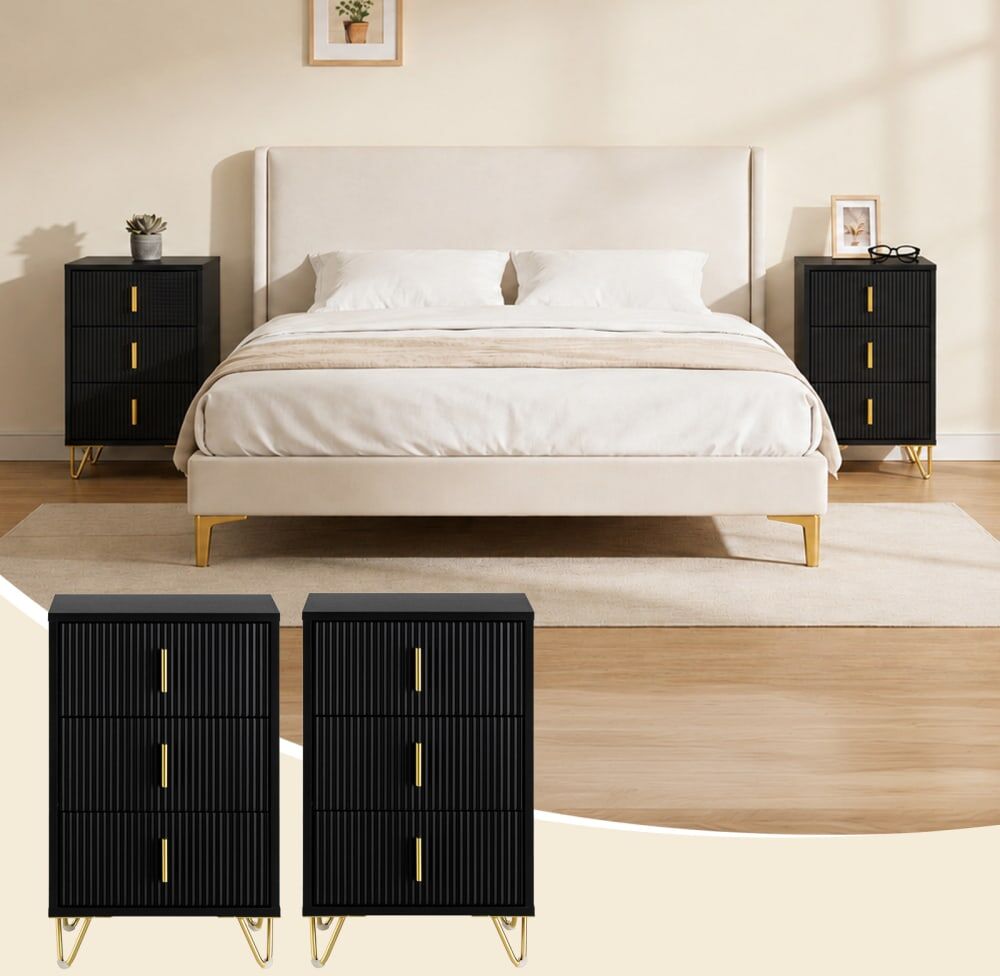 SoBuy Set de 2 table de chevet 3 tiroirs noir 40x63x40 cm Noir 40x63x36cm