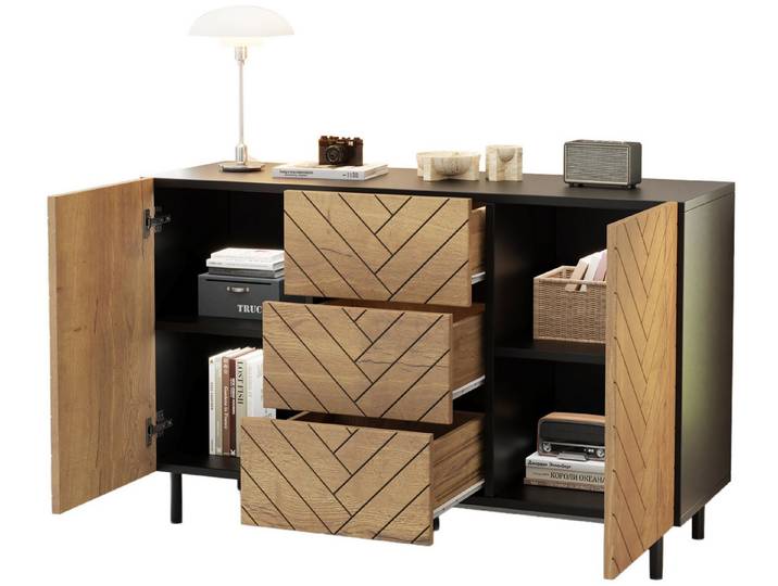 SeedWave Sideboard Stilvoller Beistellschrank 120cm mit Fischgerät-Türfronten, Schubladen, Flurschrank mit Türdämpfer, Kippschutz-Set für Sicherheit