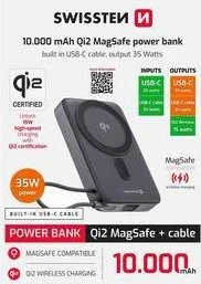 Swistten MagSafe Qi2 15 W, 10000 mAh mit integriertem USB-C Kabel schwarz