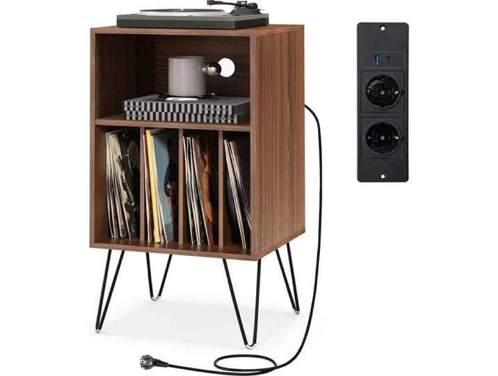 GOPLUS Petit Meuble de Rangement 53x46x87CM avec Station de Charge USB Type C - 5 Etagère de Rangement Dossier Vinyle Noyer