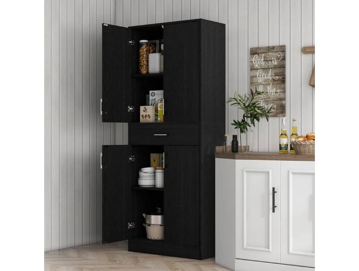 Buffet haut - Armoire de cuisine 4 portes 2 placards 1 tiroir - Noir - 180 cm - MDF