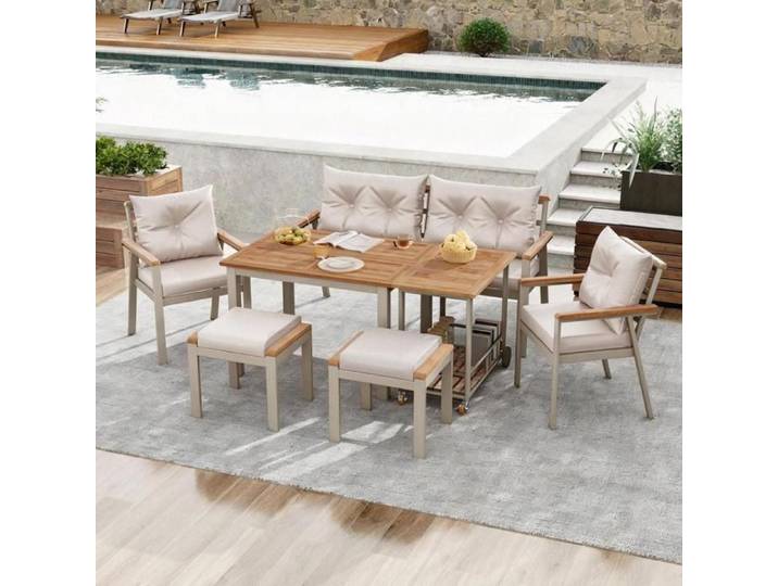 Ensemble jardin - KOMHTOM - 6-7Person - Bois d'Acacia - Acier galvanisé - Housses lavables