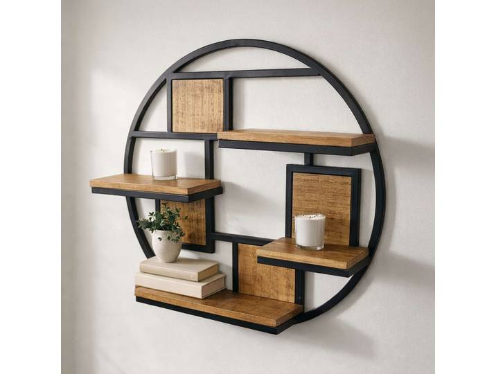 Etagère ronde industrielle en métal et bois