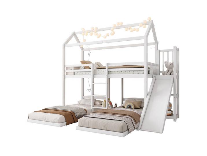 Flora Grace Hausbett 90/200 cm Weiß mit Rutsche und Dachdesign, 3 Schlafplätze, Holz, 90x200 cm, Babymöbel & Kindermöbel, Kinderzimmer & Jugendzimmer, Kinderbetten, Spielbetten