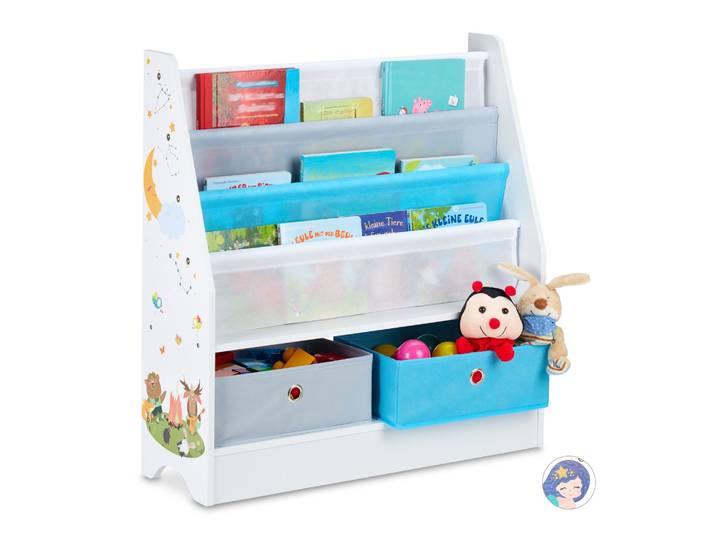 Kinderregal mit 2 Boxen & 3 Hängefächern Weiss-Hellblau-Grau