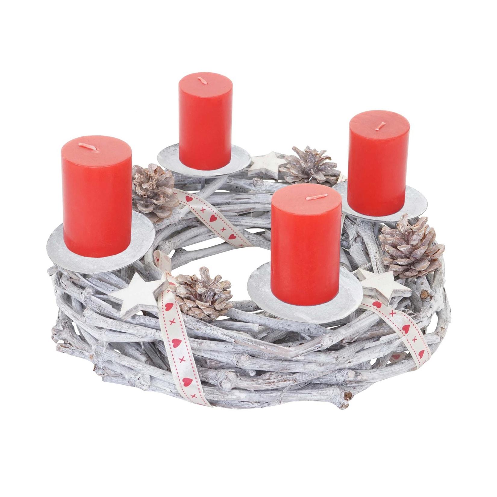 Tischkranz rund, Weihnachtsdeko Adventskranz, Holz Ø 30cm weiß-grau ~ mit Kerzen, rot