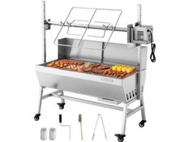 VEVOR Drehspießgrill 38 W Spanferkelgrill Lammgrill Holzkohlegrill (94 cm Grilllänge) mit 60 kg Tragkraft & 7-facher Höhenverstellung & Schutzblech, Edelstahl-Elektrogrill-Set für Camping Outdoor