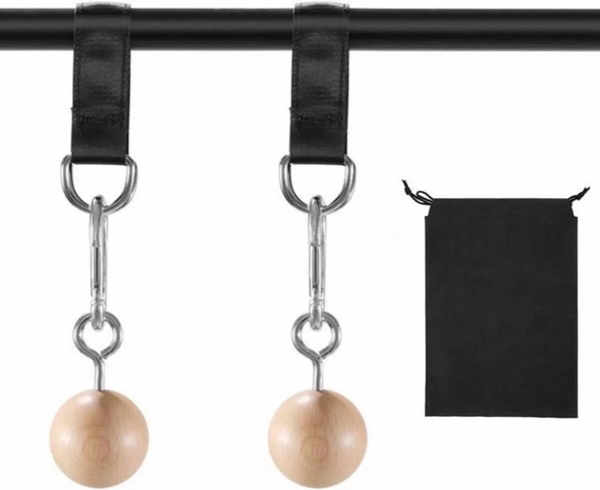INF Körpergewichts-Grifftrainer mit Holzkugeln – Holzkugel-Modell, Aufhängeschlaufen & Haken, inkl. Aufbewahrungstasche