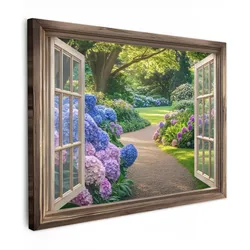 LEINWANDBILD Aussicht - Garten - Fenster - Hortensie - Blumen Wandbilder 80x60 cm
