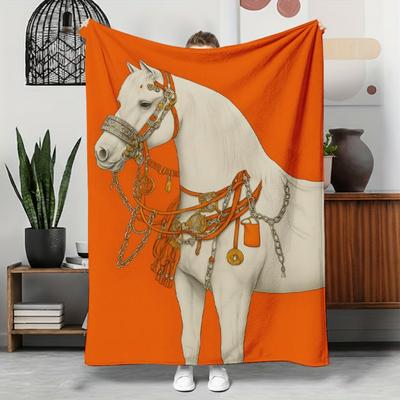 Shop Station White Horse Horse Fleece Blanket Cozy Equestrian Throw Blanket For Horse Lovers & Home Decor orange 72x100in