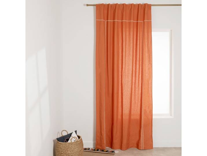 Rideau à pattes cachées en coton et lin terracotta motifs brodés écrus, 140x250 cm (vendu à l'unité)