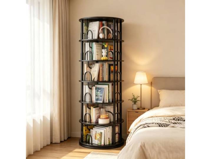 6 Ebenen Drehbares Bücherregal 360 Grad, Bücherregal Holz Schwarz Bodenstehendes ständer Bücherschrank, Aufbewahrungsregal Organisator, für Schlafzimmer Kinderzimmer Wohnzimmer