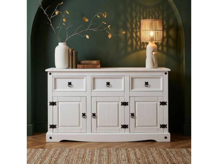 CARO-Möbel Sideboard Rural im Mexiko Stil weiß lasiert Kommode Kiefer massiv mit 3 Schubladen und 3 Türen