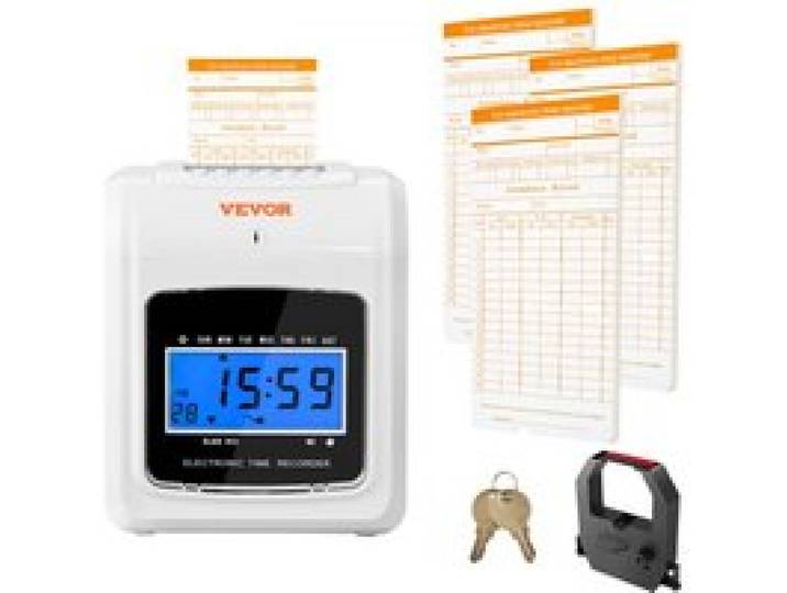 VEVOR Pointeuse à Carte de Pointage Enregistreur de Présence avec 102 Fiches Cartonnées 1 Ruban Badgeuse Horaire Arrivée Départ 3 Équipes 6 Poinçons/Jour Alignement Auto pour Pointer Salariées Bureau