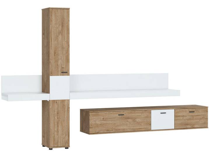 Livetastic Wohnwand Kumara, Weiß, Eichefarben, Kunststoff, 4 Fächer, 319x202.5x40 cm, Wohnzimmer, Wohnwände, Komplette Wohnwände