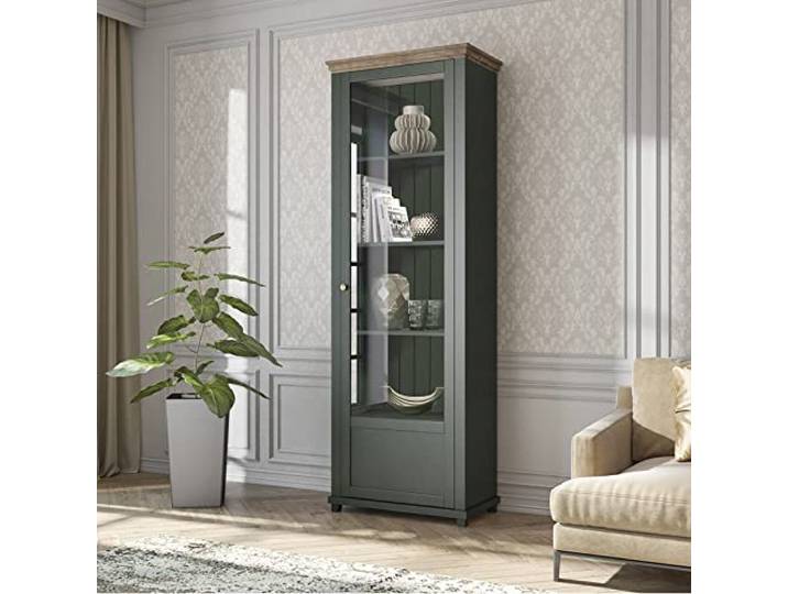 Lomadox Vitrine Landhaus mit Eiche Lefkas Nb. in grün Türanschlag rechts, B/H/T: ca. 71/200/42 cm