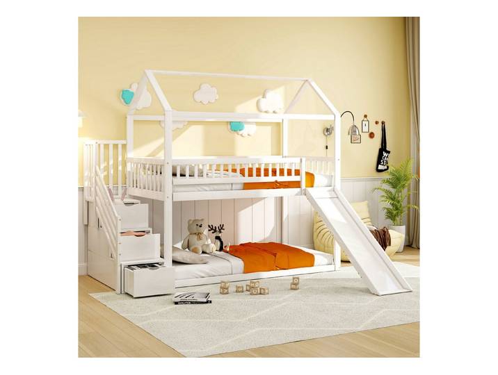 STILVORA Kinderbett mit Rutsche,90×200 Jugendbett Bettgestell mit Stauraumleiter,Weiß (1-tlg)