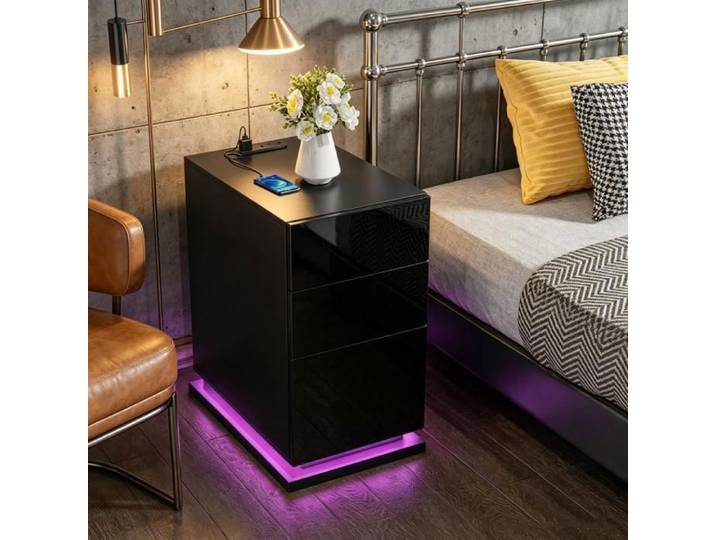 PIPIPOXER Table de cheve noir LED sous socle RVB station charge prises USB 3 tiroirs meuble loft chambre salon étroit 50x30x63