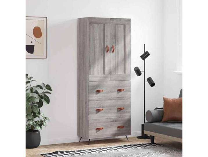 RJPLMFV Anrichte, hoch, 180 cm, Holz, Grau Schmaler Aufbewahrungsschrank, Füße aus Metall, praktische Türen, Wandbefestigung im Lieferumfang enthalten