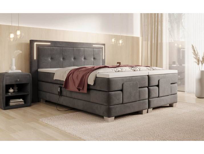 Boxspringbett Noctis Samt elektrisch verstellbar mit LED - 140x200 - Grau - H3 (70-100kg) - Luxusbetten24