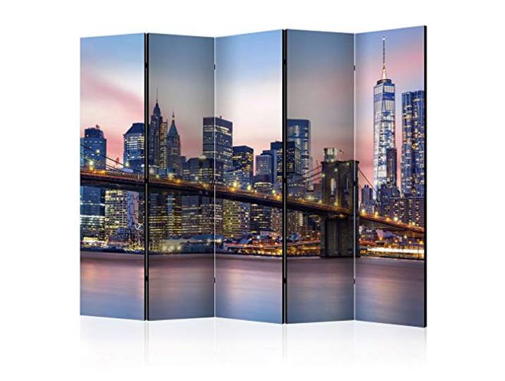 decomonkey Paravent Raumteiler Innen New York, 225x172 cm, 5-teilig, Brücke Beidseitig, Wohnzimmer, Room Divider, Wall, Raumteiler Stehend, Trennwand, Sichtschutz, Spanische Wand, Sichtschutzwand, Holz