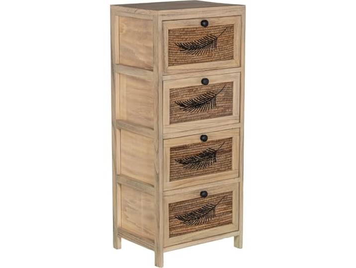 DRW Kommode aus Holz mit 4 Schubladen aus Weide mit Blatt in Natur und Schwarz, 40 x 30 x 94 cm