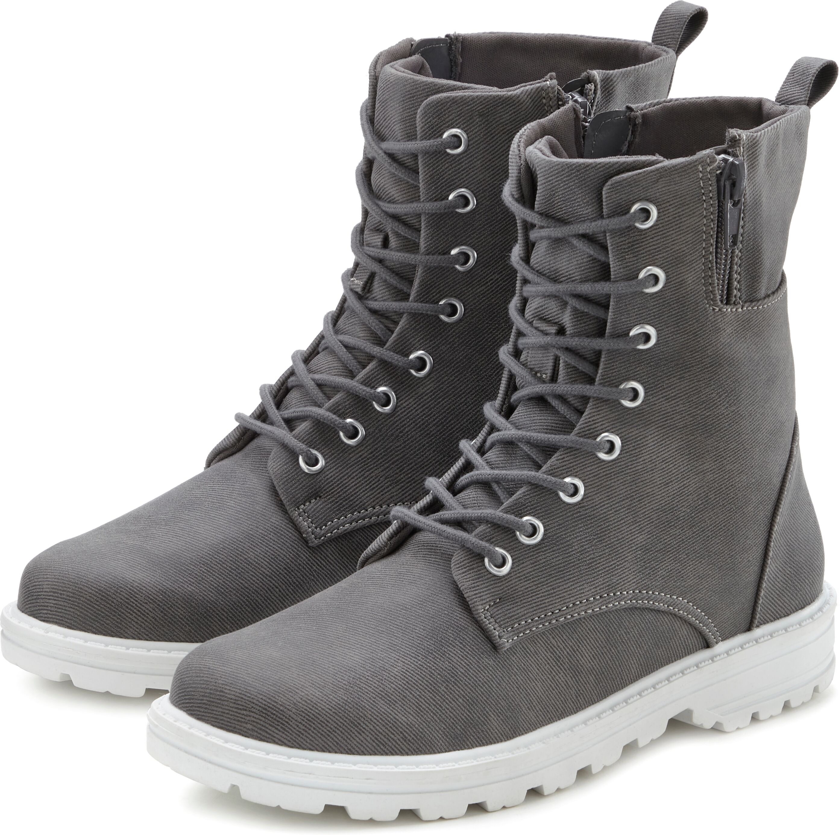Stiefelette LASCANA, Damen, Gr. 43, grau, Obermaterial: 100% Textilmaterial. Decksohle: 100% Textilmaterial. Futter: 100% Textilmaterial. Laufsohle: 100% Synthetik, unifarben, Basic, Schuhe Stiefelette, zum Schnüren in modischer Combat Optik mit Reissvers
