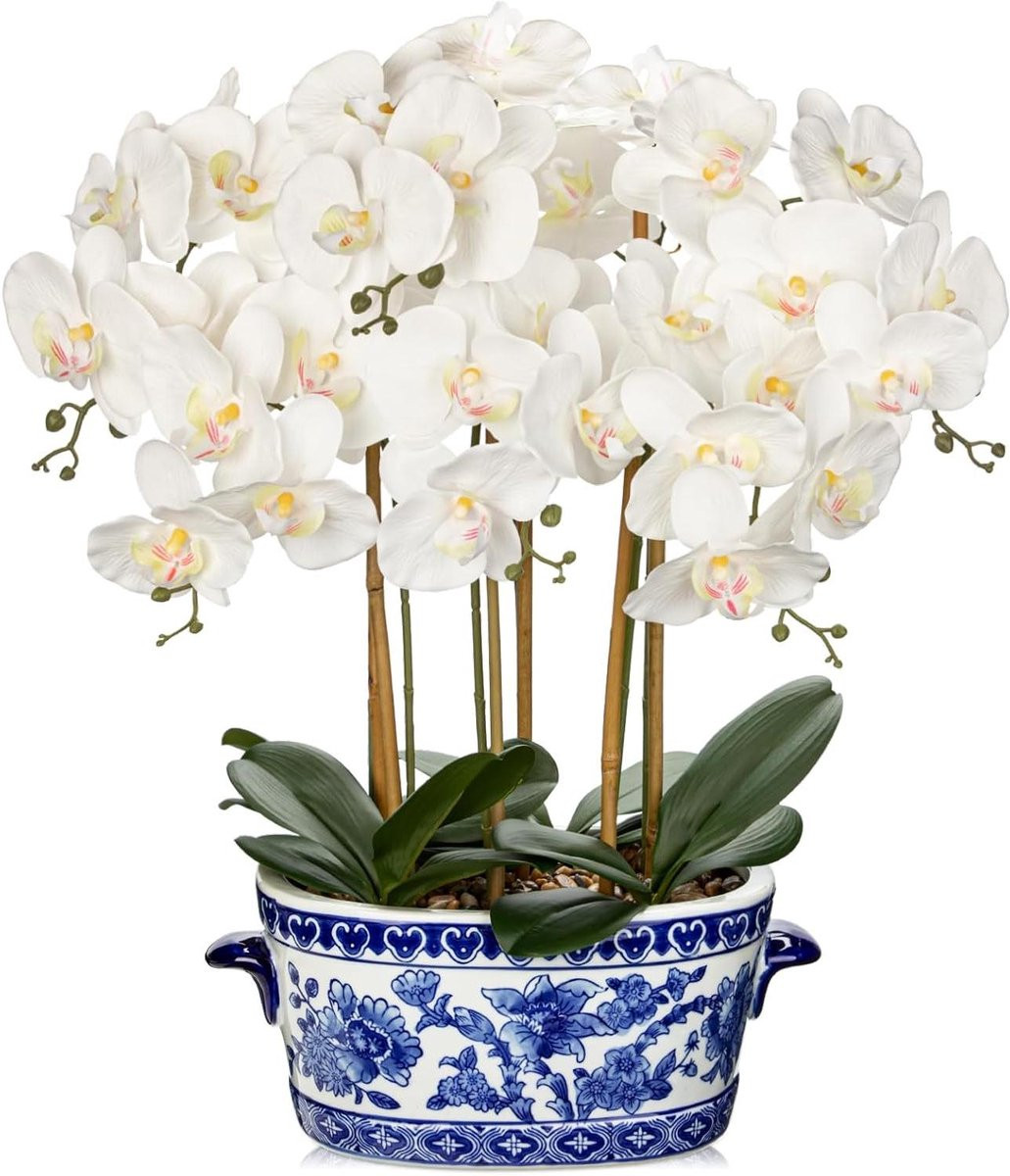 Nep Orchidee Kunstbloem in Pot - Wit met Blauw - Hoogte: 65 cm