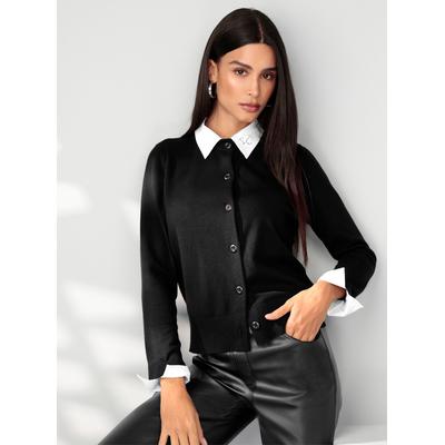 Cardigan HEINE, Damen, Gr. 40, schwarz, 50% Viskose, 28% Polyester, 22% Polyamid, Kragen:80% Baumwolle, 20% Polyester, gemustert, mehrfarbig, unifarben, Strickjacken