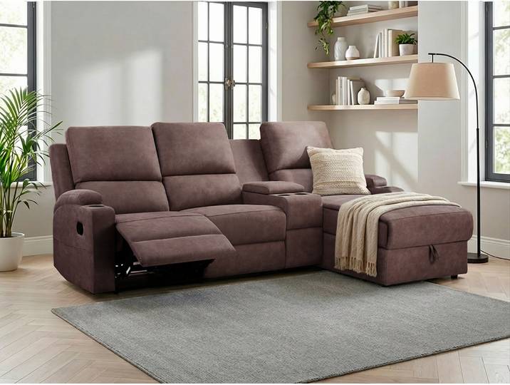 Ecksofa GOODPRODUCT NAPORI Microfaser, Multimediasofa, 3er Kinosessel XXL, L-Form , braun (dunkelbraun), B:240cm H:102cm T:155cm, 100% Polyester, Sofas, Ecksofa, Kinosofa, manuelle o. elektr. Relaxfunktion, Staufach, Getränkehalter