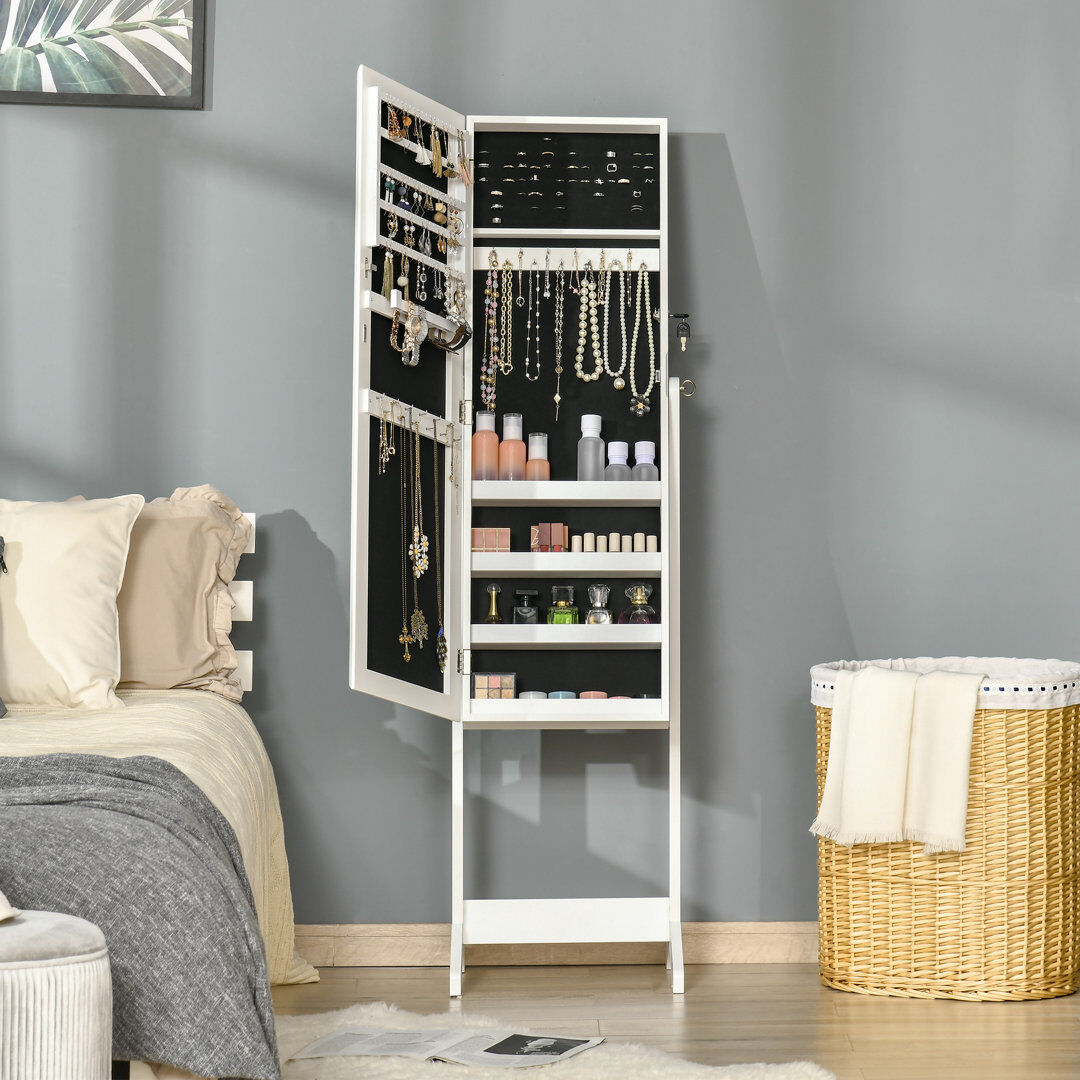 Marlow Home Co. HOMCOM Mirrored Jewellery Cabinet Lockable Jewellery Organiser for Bedroom White 151.5cm H X 46cm W X 36.5cm D
