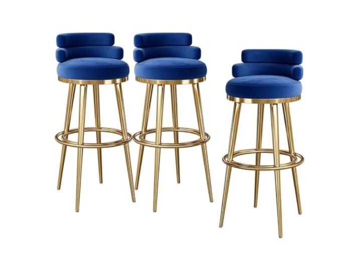 Guyifuny Barhocker Samt und Metall 3er Set Niedrige Rückenlehne Weicher Samtbezug, dichte Polsterung, niedrige Rückenlehne für langen Sitzkomfort, Metallgestell(Blue,25.6in)