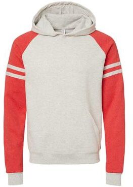 Jerzees 97CR NuBlend Varsity Colorblock Hooded Sweatshirt in Oatmeal Heather/Fiery Red Heather size Small   Cotton Polyester