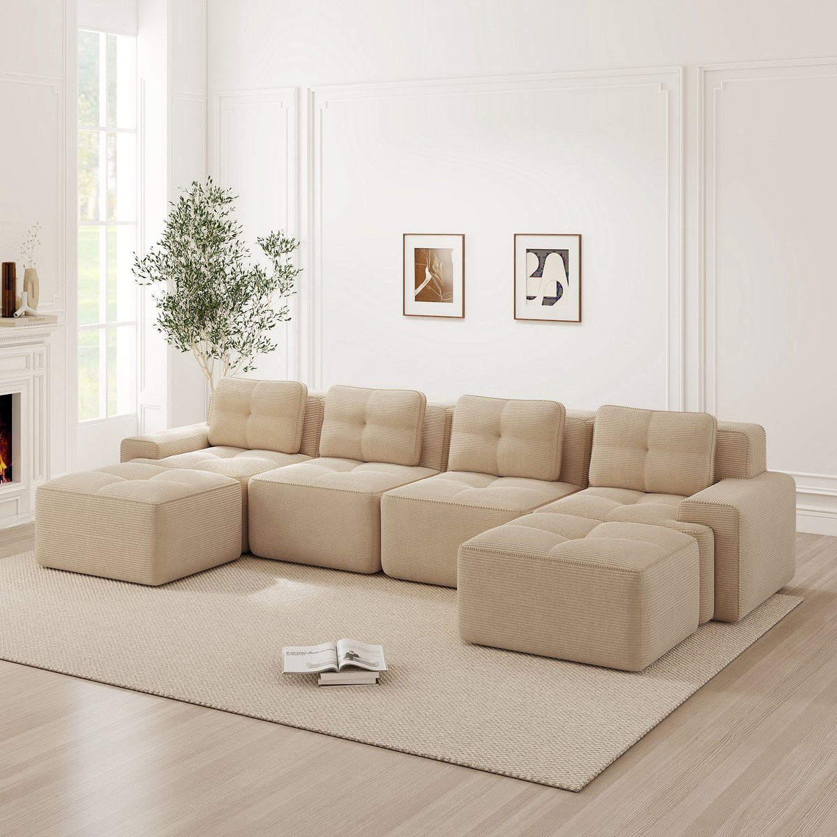 Zubaliya Modulaire U-vorm Cloud Bank - 4-zits - Beige - Corduroy stof