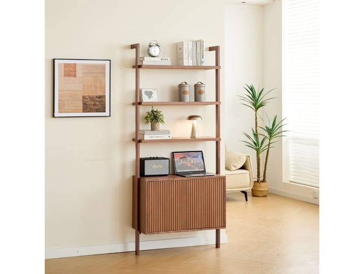 Etagère bibliothèque 3 niveaux + 2 rangements en bois foncé