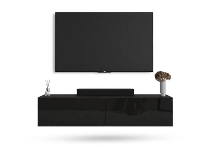 Planetmöbel West TV-Schrank, Fernsehtisch 140 cm lang, TV-Board für Fernseher bis 65 Zoll, TV Board viel Stauraum, lowboard hängend, Fernsehschrank 140 x 30 x 37,5 cm, schwarz