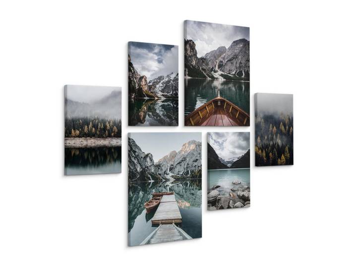 Muralo Leinwandbilder 6-er Set Berglandschaften, Blau, Grün, Schwarz, Weiß, Beige, Braun, Grau, Landschaft/Berg, Baum/Pflanze/Natur, Rechteckig, 90x80 cm, Bilder & Rahmen, Bilder