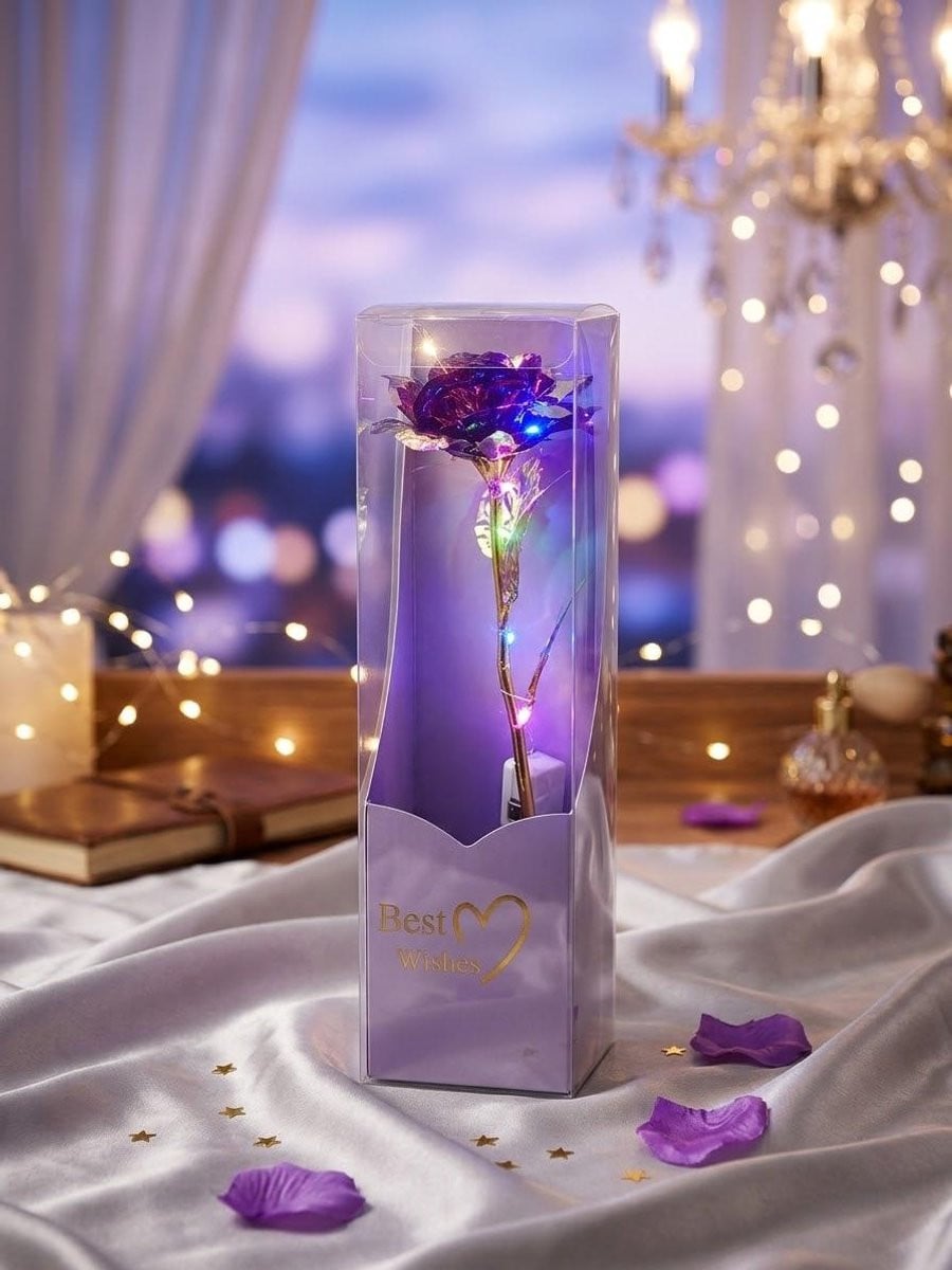 Galaxy Rozen Eeuwige Roos met LED Verlichting - Luxe Paarse Kunstbloem in Cadeauverpakking