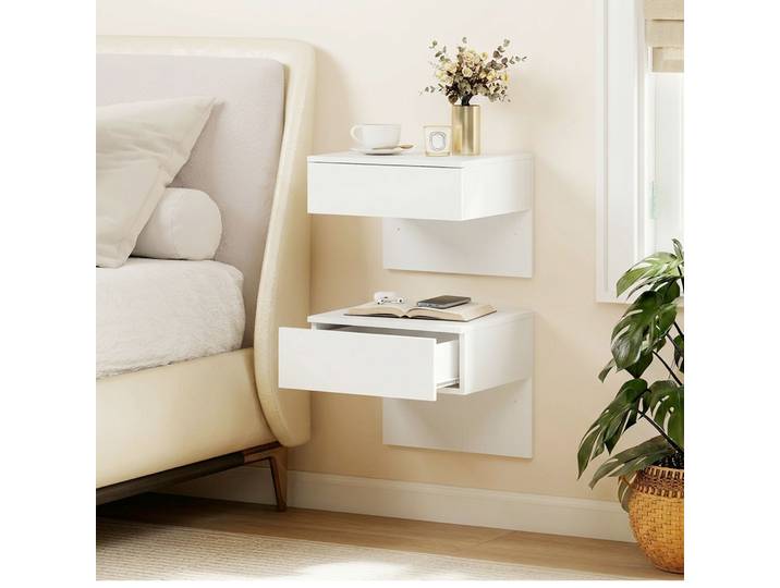 HOMCOM Tables de Chevet Murales 2pcs Tiroir Blanc Brillant 40x35x36cm