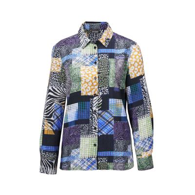 Klassische Bluse GOLDNER "Patchworkbluse mit Allover-Druck", Damen, Gr. 42, blau (marine, gemustert), Obermaterial: 100% Viskose CV., figurumspielend, Manschette, Blusen, Knopfleiste