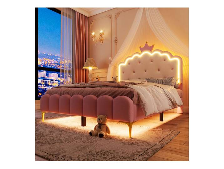 OKWISH Polsterbett Kronprinzessinnen-Design,Jugendbett,mit LED-Umgebungslicht (Prinzessinnen Polsterbett,mit Lattenrost, Rosa mit LED Ambiente-Licht, Fernbedienung, Kronprinzen-Design, Metallfüße., 140 x 200 cm), ohne Matratze
