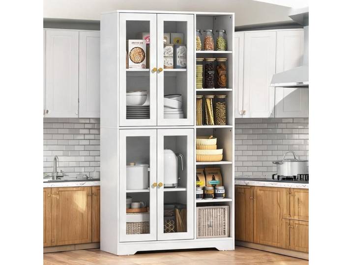 Buffet haut vitrine blanc 90x35x172 cm 4 portes verre trempé fermeture douce cuisine