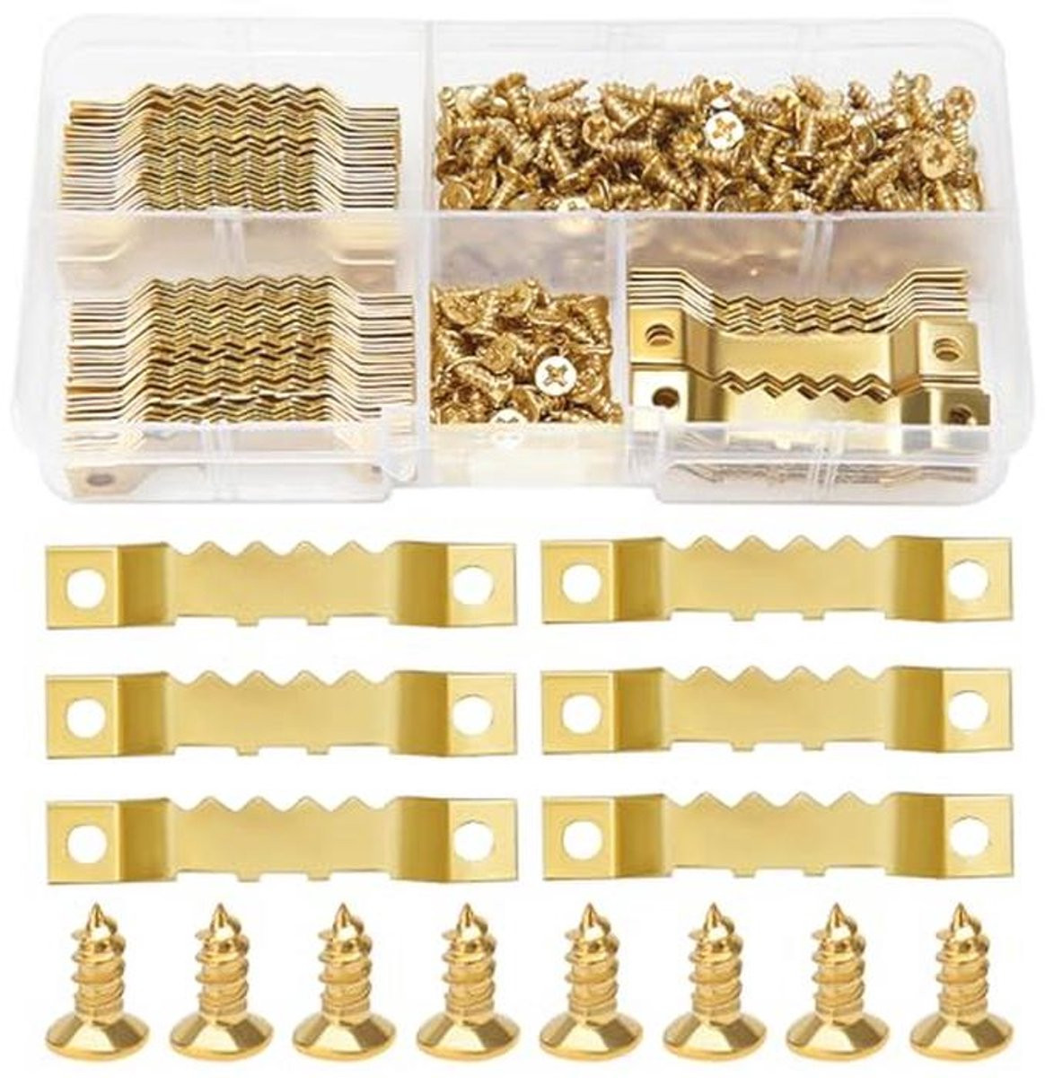 Zaagtand fotolijst hangers met schroeven - 85 stuks - goud