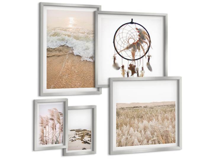 BILDER SET 5er Set - 50x50 cm & 20x30 cm & 40x60 cm Silberner Rahmen - Strandgras, Wellen, Steine, Boho-Stil