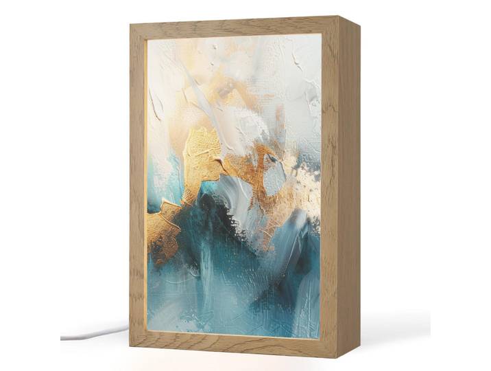 OnlyWow Tischleuchte - Abstrakt - Kunst - Gold - Blau - 20x30 cm, Aubergine, Holzwerkstoff, Rechteckig, LED integriert, 20x30x8 cm, Lampen & Leuchten, Innenbeleuchtung, Tischlampen