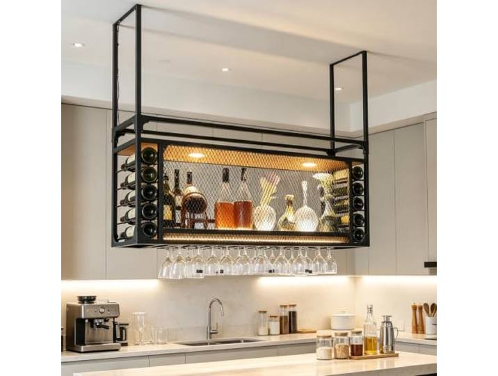 Kifezk 120 cm Deckenmontiertes Weinregal, hängend mit Gläserhalter Zwei Montagearten Decke/Wand, platzsparend, großer Stauraum, Eisen‑Massivholz, geeignet für Bar, Küche, Restaurant