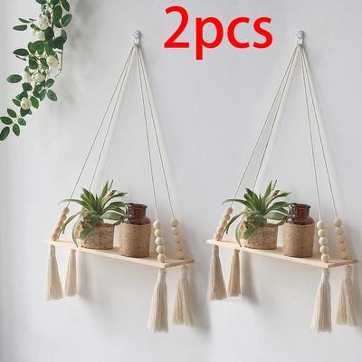 Inspired Living Boho Macrame Wall Hanging Shelf Floating Wooden Decor Shelf For Bedroom & Living Room tk m01531